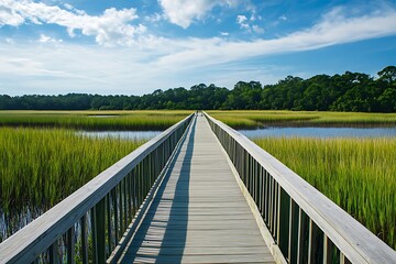 Fototapeta premium Colorful path along a coastal wetland showcases a seamless link between outdoor fans and a mesmerizing habitat with calm simple exploration and strong admiration for plants 