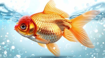 Fototapeta premium Golden Splendor: A vibrant golden fish gracefully swims through clear, bubbling water, its shimmering scales catching the light and creating an image of serenity and beauty.