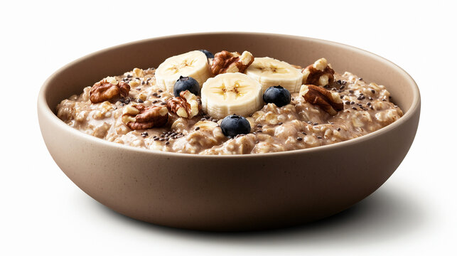 Oat porridge with banana, blueberry, walnut, chia seeds and almond milk for healthy breakfast or lunch	
