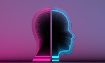 Background with human head shaped empty corridor. Schizophrenia and split personality disorder and mental health psychiatric disease concept. Mental health. 3D render