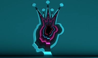 Background with profile view silhouette of a princess or queen shaped empty corridor. Cute girl portrait. 3D render