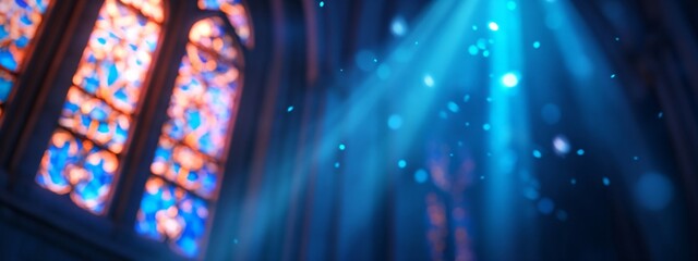 Heavenly light beams shining through colorful stained glass church window. Divine illumination concept for religious services, Easter, Christmas, or spiritual inspiration.