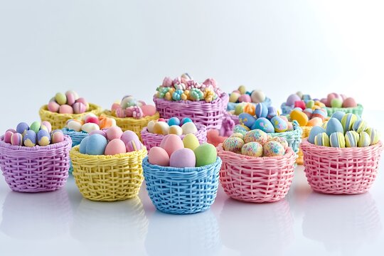 A whimsical collection of mini Easter baskets arranged with colorful treats, all set against a clean white surface for a cheerful holiday vibe. - Powered by Adobe