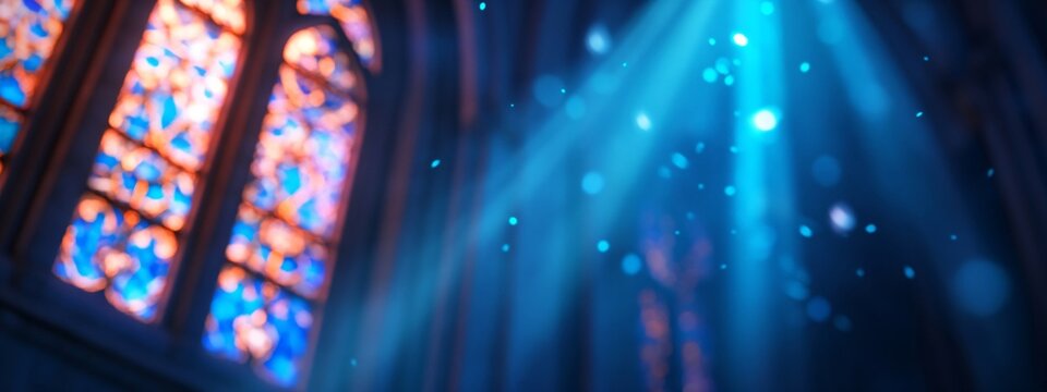 Heavenly light beams shining through colorful stained glass church window. Divine illumination concept for religious services, Easter, Christmas, or spiritual inspiration.