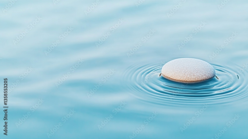 Poster single smooth pebble teetering on edge of gentle rippling pond casting delicate concentric circles s