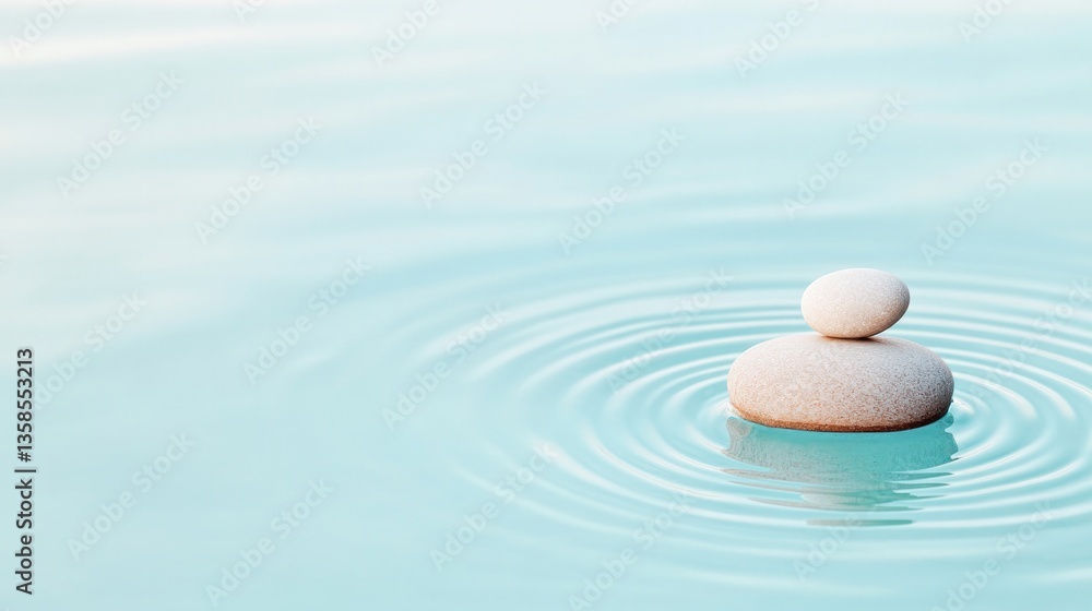 Poster single smooth pebble teetering on edge of gentle rippling pond casting delicate concentric circles s