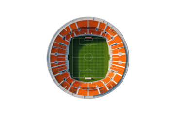 Aerial view of a stadium with orange seats and a green soccer field,