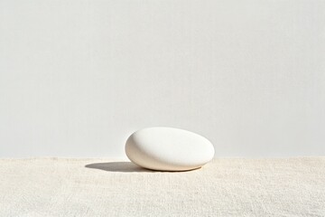 single unadorned smooth white pebble placed centrally on textured linen canvas with substantial creamy background tones