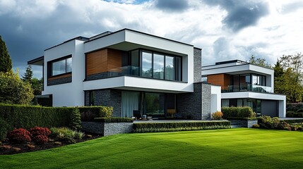 Fototapeta premium Modern detached houses in Manchester, contemporary designs with neutral tones, tidy front lawns, and a cloudy UK sky, wide-angle perspective, inviting tones. 
