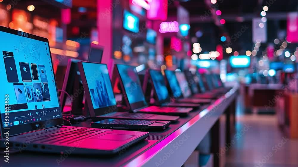 Poster Modern laptops in colorful electronics store display, showcasing sleek designs and vibrant technology for inviting atmosphere.