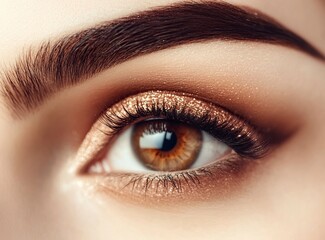 Obraz premium Close-up of a beautiful woman's eye with perfect eyebrows, long eyelashes, and creative makeup in brown tones. Stock photo, high resolution, clear, sharp focus, and detailed background. 
