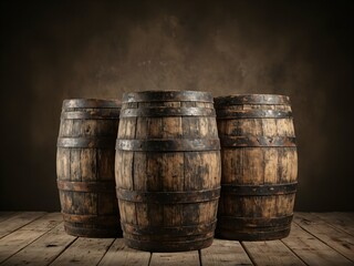 Obraz premium Three wooden barrels are neatly arranged on a wooden floor, showcasing a vintage texture.