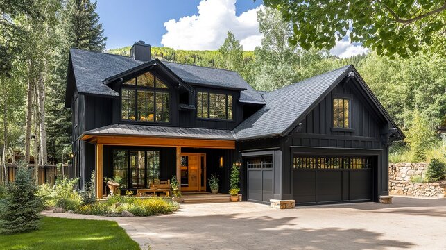 Modern farmhouse in Colorado, black exterior, spacious garage, charming front porch, surrounded by natural greenery, sunny day, wide-angle view, crisp details. 