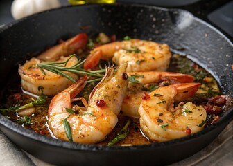 Close up of delicious garlic shrimp in a skillet.