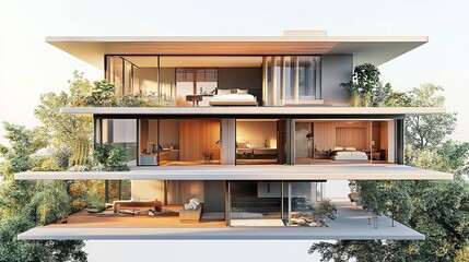 Modern house cross-section, sustainable energy design, warm interiors with bedroom, living space, workspace, green surroundings, sunny day, crisp and detailed view 