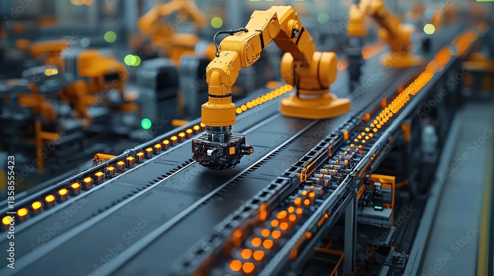 Poster automated manufacturing process: robotic arms on assembly line