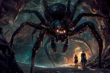 Giant spider encountered in eerie glowing cave with two figures discerning doorway