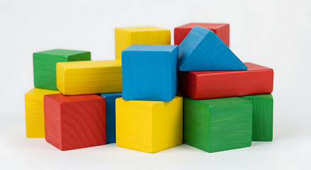 Colorful Wooden Blocks Stacked High: A Playful Arrangement of Red, Yellow, Blue, and Green Building Blocks for Children's Creative Play