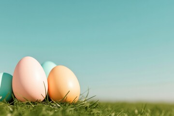 vibrant easter arrangement featuring colorful eggs nestled in green grass under clear blue sky sunlight casting gentle