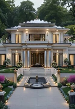 A majestic, ultra-luxurious modern house, valued at 5 crore, with a regal exterior and interior design, showcasing opulent elements, sleek lines, and grandiose features