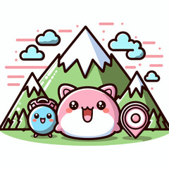 Cartoon-style mountain illustration in a colorful kawaii design, crafted in premium vector clipart format on a white background, perfect for graphic projects