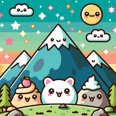 カートゥーンスタイルの山のイラストで、カラフルなカワイイデザインが特徴。プレミアムベクタークリップアート形式で白背景に描かれ、グラフィックプロジェクトに最適