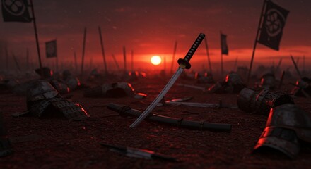 Fototapeta premium Samurai Katana Sunset Battlefield Fallen Warriors