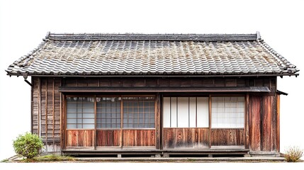 Old Japanese house with rustic wooden walls, sloping tiled roof, and paper sliding doors, clean white background, inviting and crisp aesthetic.  