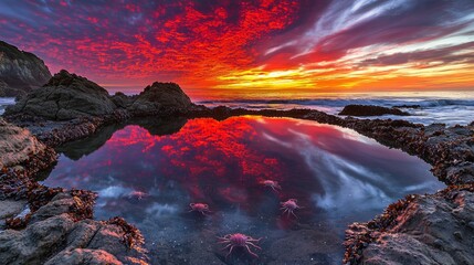 Naklejka premium Serene Sunset Over Rocky Shoreline with Tide Pool and Crimson Sky Reflections in Calm Ocean Water