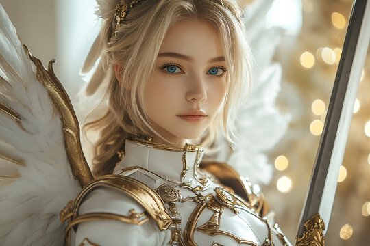Angel woman warrior in white and gold armor with sword and wings. Christmas, Easter concept. Spiritual guardian, divine protection. Religious art for greeting card