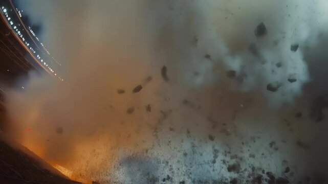 Inside the stadium spectators are captured in midreaction a mix of horror and awe on their faces as the supersonic jet bursts through the wall sending a cloud of dust and ash swirling