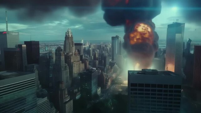 A chaotic whirlwind of translucent glass shards rises above a twilight cityscape refracting hues of blue green and purple as the fierce winds tear through the streets enveloping everything