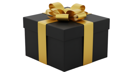 A beautifully wrapped golden gift box adorned with a satin ribbon isolated on transparent background. png