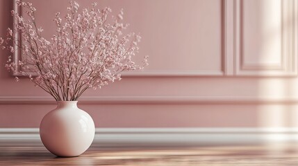 Fototapeta premium Serene Pink Floral Still Life: Delicate Pink Flowers in a Modern White Vase against a Rose-Colored Wall