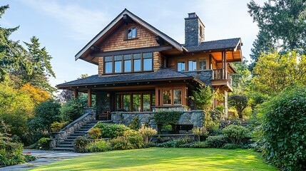 Fototapeta premium Rustic Craftsman house sitting on a gently sloping hill, natural wood siding and stone accents, framed by greenery, bright and clear composition. 
