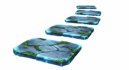 Magical Stone Steps Game Asset Blue Glowing Path with Moss