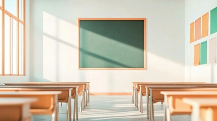 empty bright classroom with neatly arranged desks and large window allowing natural light to flood room highlighting