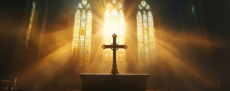 Christian cross on altar illuminated by divine light through stained glass windows. Easter, Good Friday, or Sunday mass concept. Church interior for religious service.