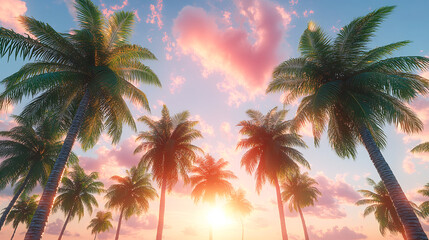 Obraz premium Palm trees at sunset, vintage California summer vibes