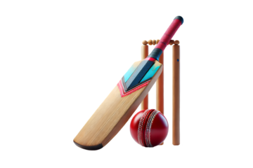 Cricket bat ball and stumps ready for action,