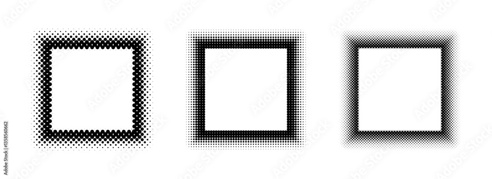 Poster black halftone square frame set. dotted gradient border collection. pop art comic dot picture holder