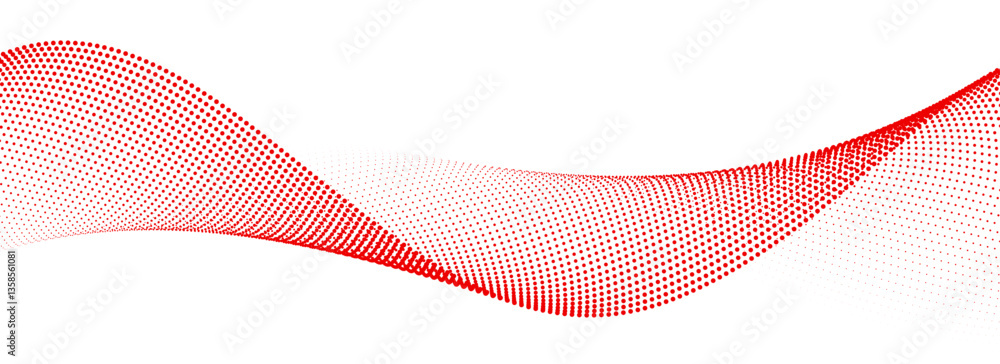 Poster Red dotted wave line pattern. Halftone undulate net background. Abstract flowing particle lattice wallpaper. Vector curved dash gradient element for poser, banner, presentation, booklet, brochure