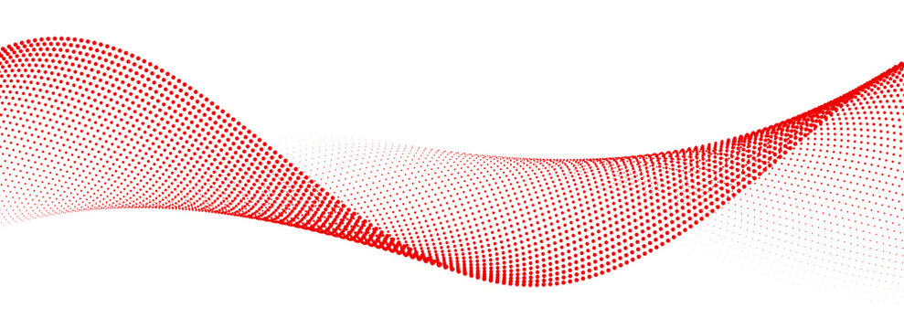 Red dotted wave line pattern. Halftone undulate net background. Abstract flowing particle lattice wallpaper. Vector curved dash gradient element for poser, banner, presentation, booklet, brochure