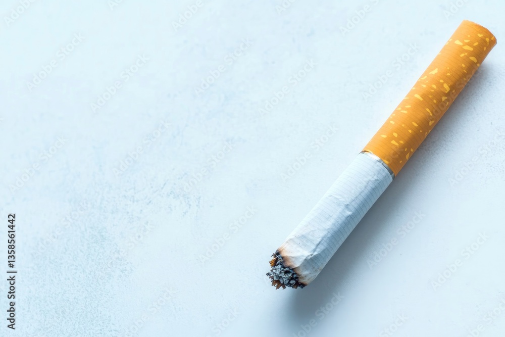 Poster close-up of single unlit cigarette placed diagonally on plain white surface with ample copy space
