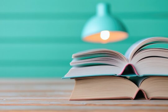 close-up of stack of open books pages softly fanned under warm lamp light on wooden table inviting ambiance of reading