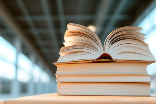 close-up of stack of open books pages softly fanned under warm lamp light on wooden table inviting ambiance of reading