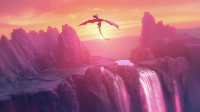 As the sun sets behind the jagged canyon cliffs two fierce cybernetic dragons engage in a breathtaking aerial duel silhouetted against the vibrant waterfall that cascades in a spectacle