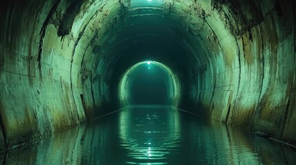 Naklejka premium Dark, Watery Tunnel Interior; Reflective Water; Gloomy Atmosphere