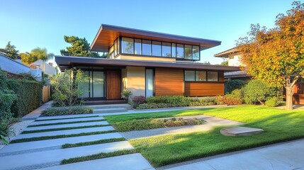 Fototapeta premium Sleek two-story Japanese home, clean architectural lines, compact front yard, and quiet residential street, bright daylight, sharp and tranquil tones. 
