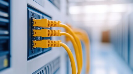 Close-Up View of Yellow RJ45 Connectors Attached to a Server Panel in a Data Center Environment